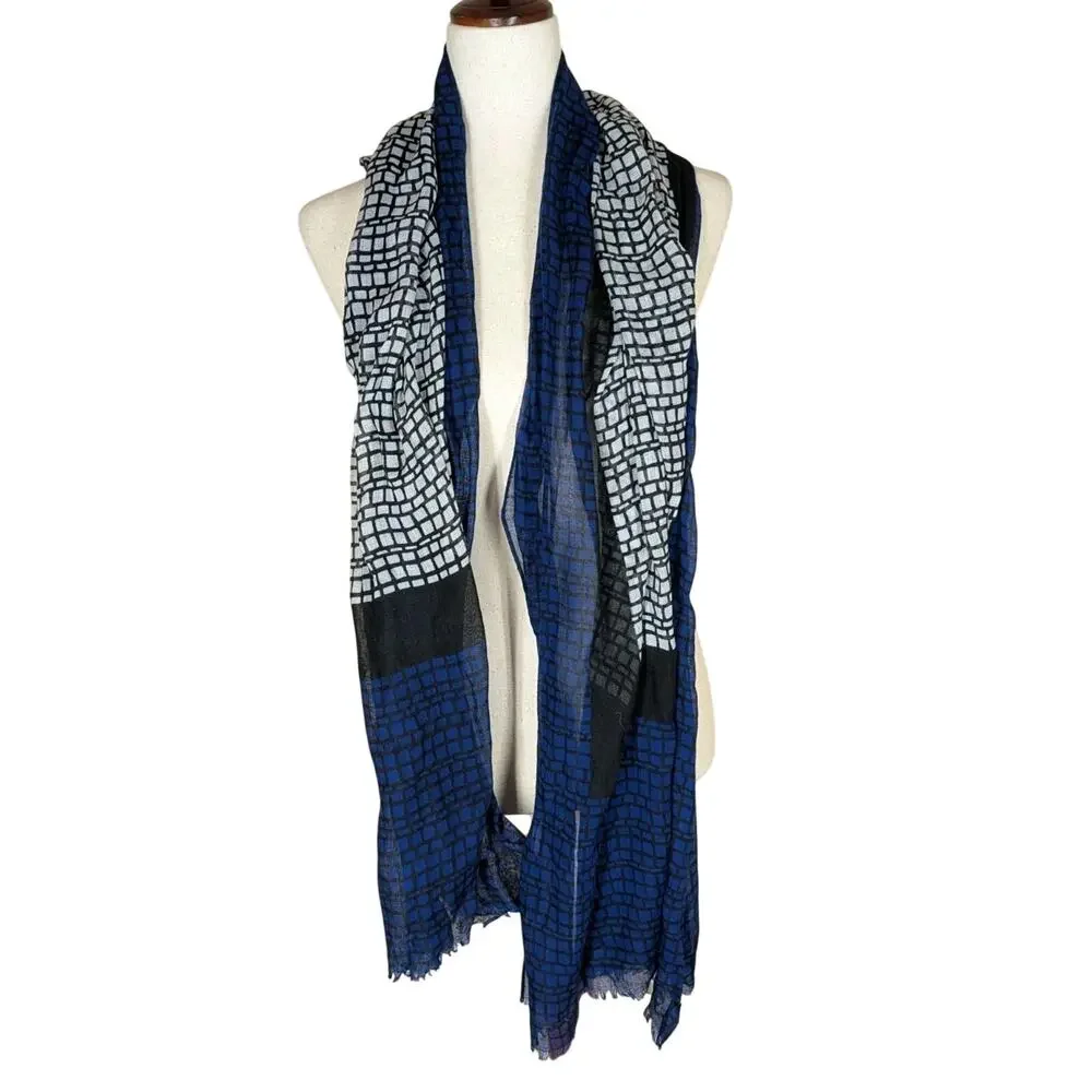 Calvin Klein Blue Black Cream Geometric Scarf 72”x 36